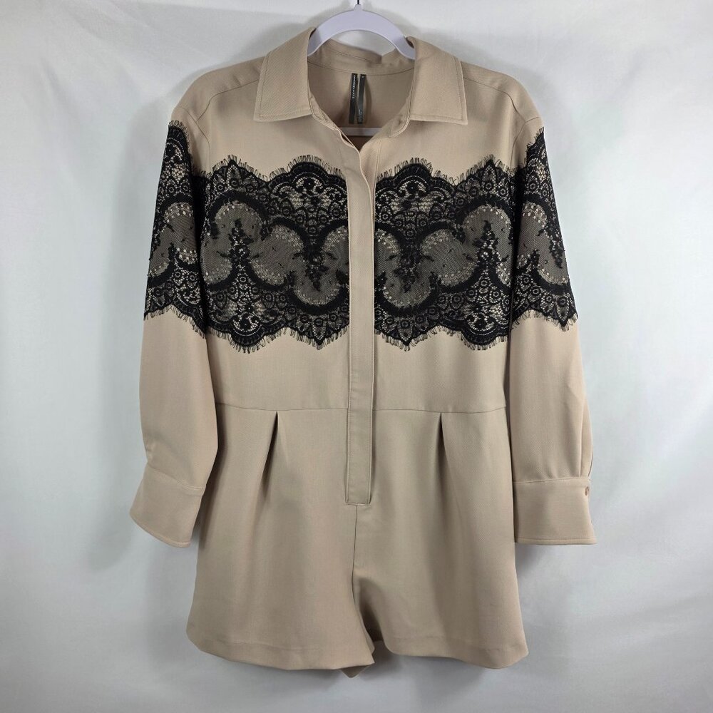 Anthropologie Long Sleeve Beige Playsuit Romper Women's Size Small Lace Accents - Picture 2 of 14